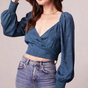 NWT Band of the Free Camille Crossover Crop Top Deep Teal Puff Sleeve Floral XS